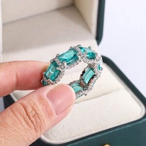 Anthro Teal Aqua Silver Eternity Band Iced sides Open gallery